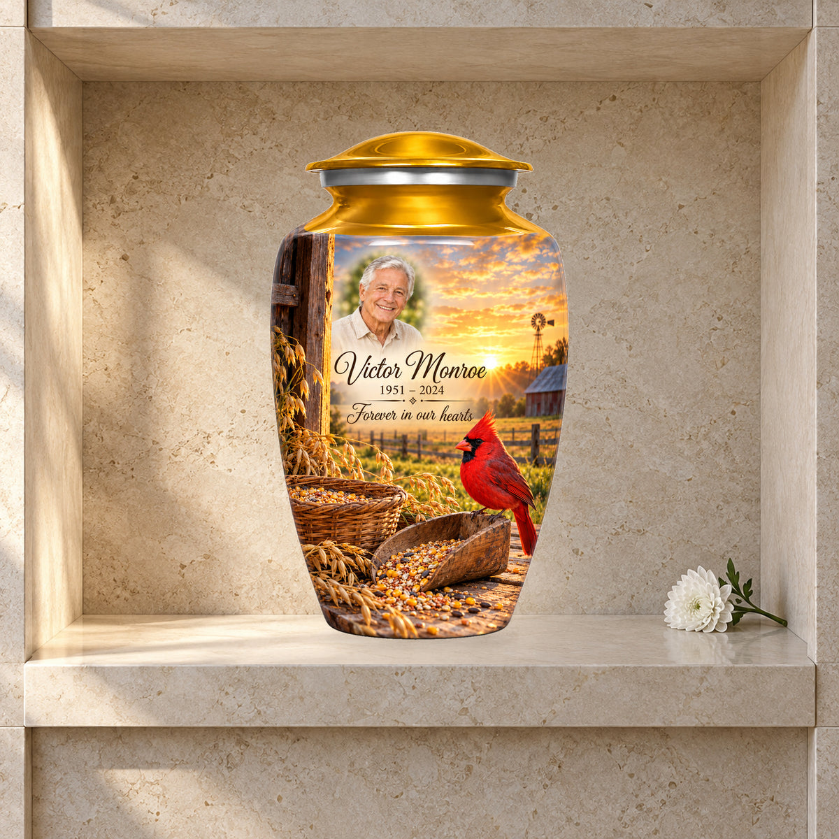 Grain Yard Morning adult cardinal urn in a styled columbarium display; decorative props are not included.