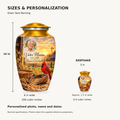 Nominal dimensions: adult 10 inches high, 6 inches widest, 200 cubic inches; keepsake 3 inches high, approximately 1.5 inches wide, 3–5 cubic inches.