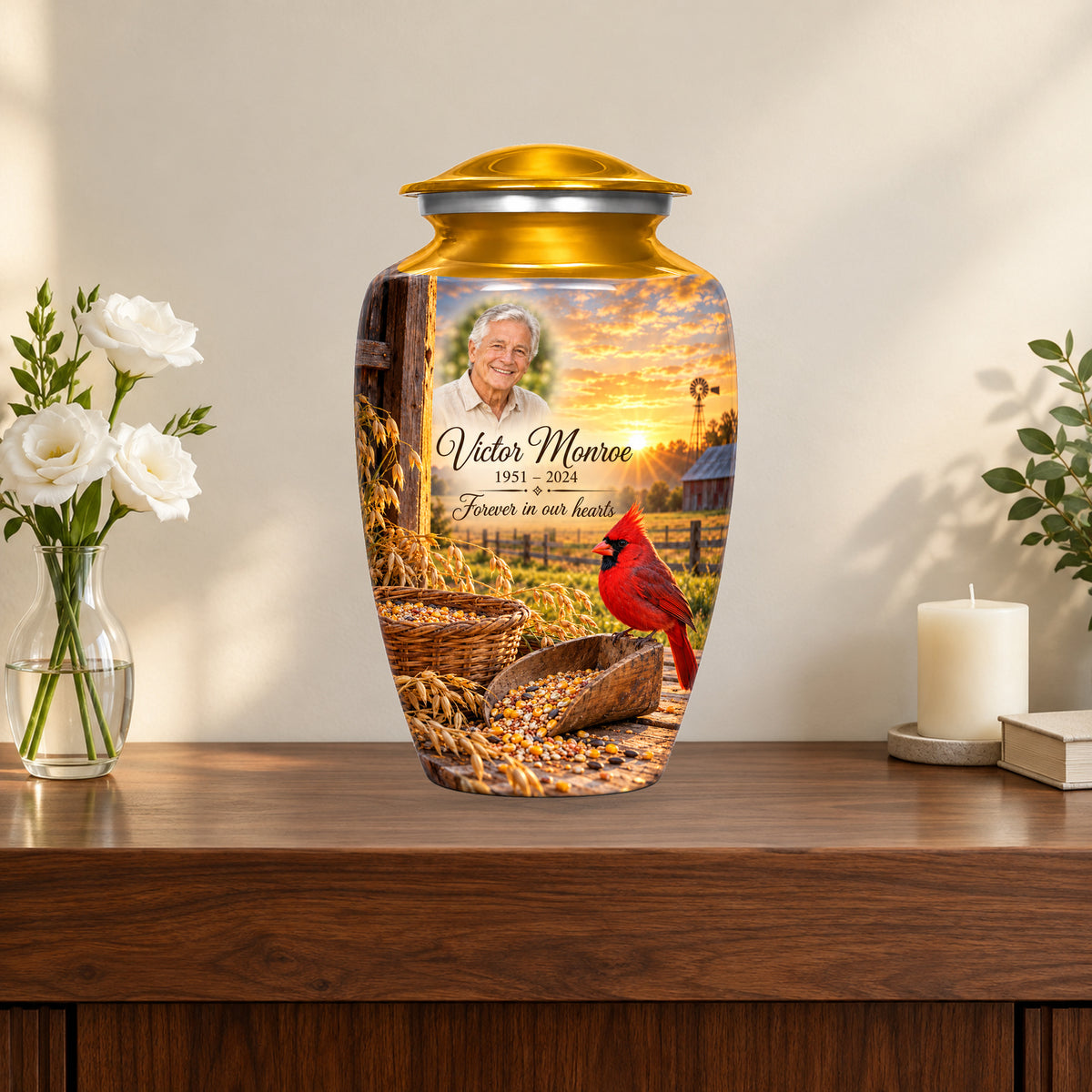 Grain Yard Morning personalized cardinal urn in a styled memorial display; decorative props are not included.