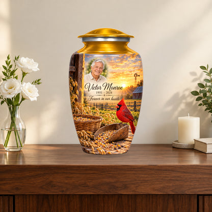 Grain Yard Morning personalized cardinal urn in a styled memorial display; decorative props are not included.