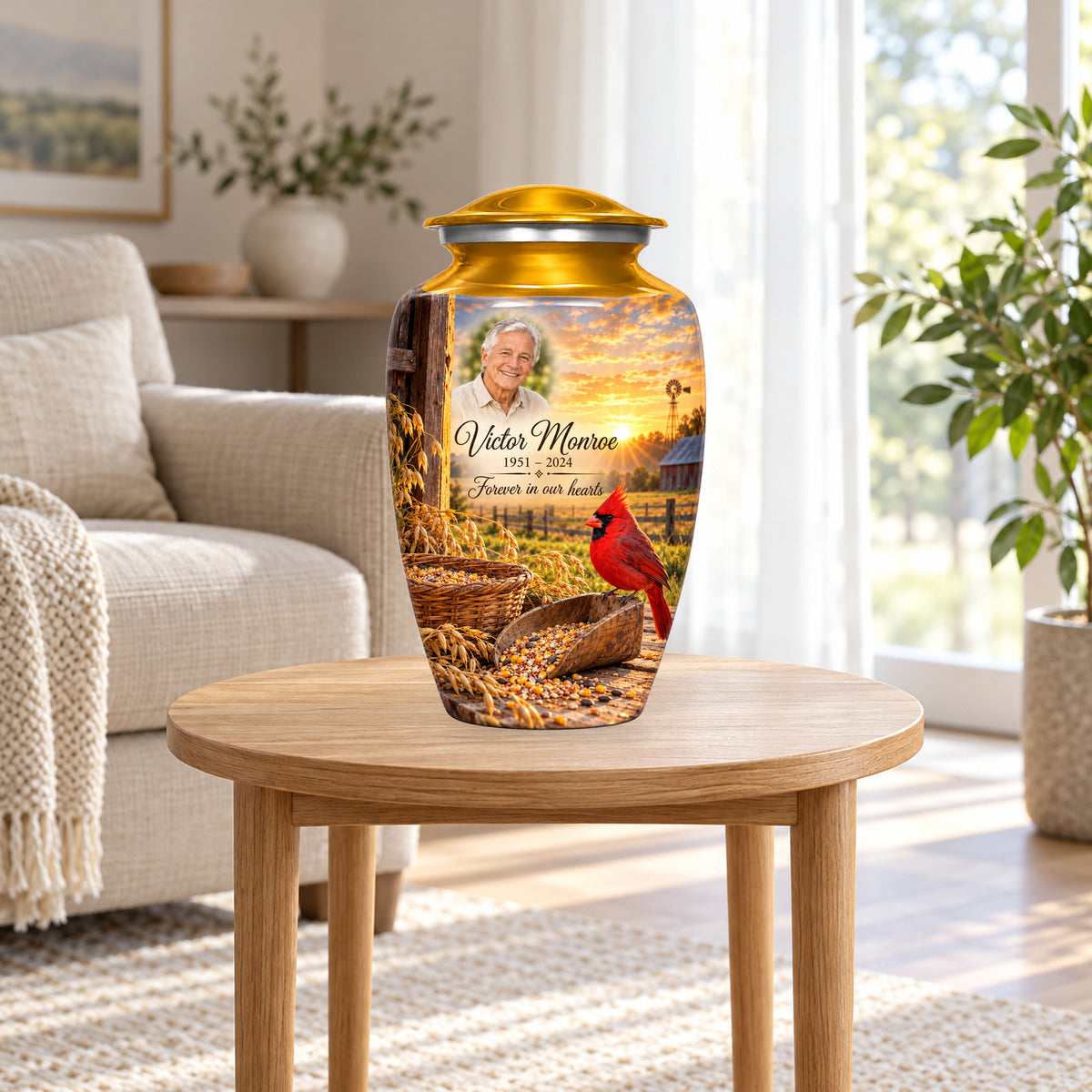 Grain Yard Morning adult cardinal urn in a home display; furniture and decorative props are not included.