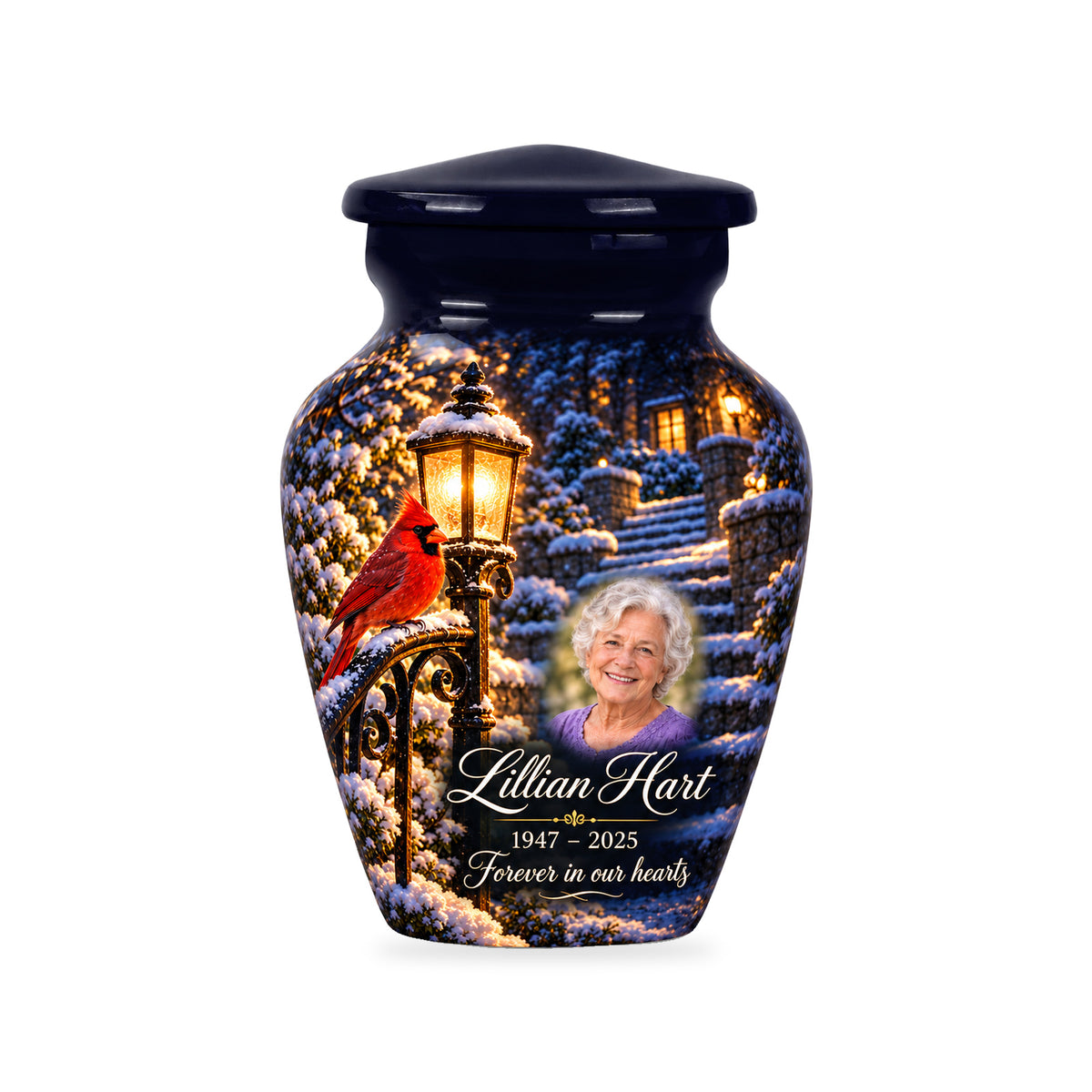 One ringless Lantern Snow Courtyard cardinal keepsake urn with fictional sample portrait and text.