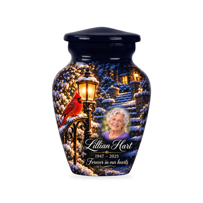 One ringless Lantern Snow Courtyard cardinal keepsake urn with fictional sample portrait and text.