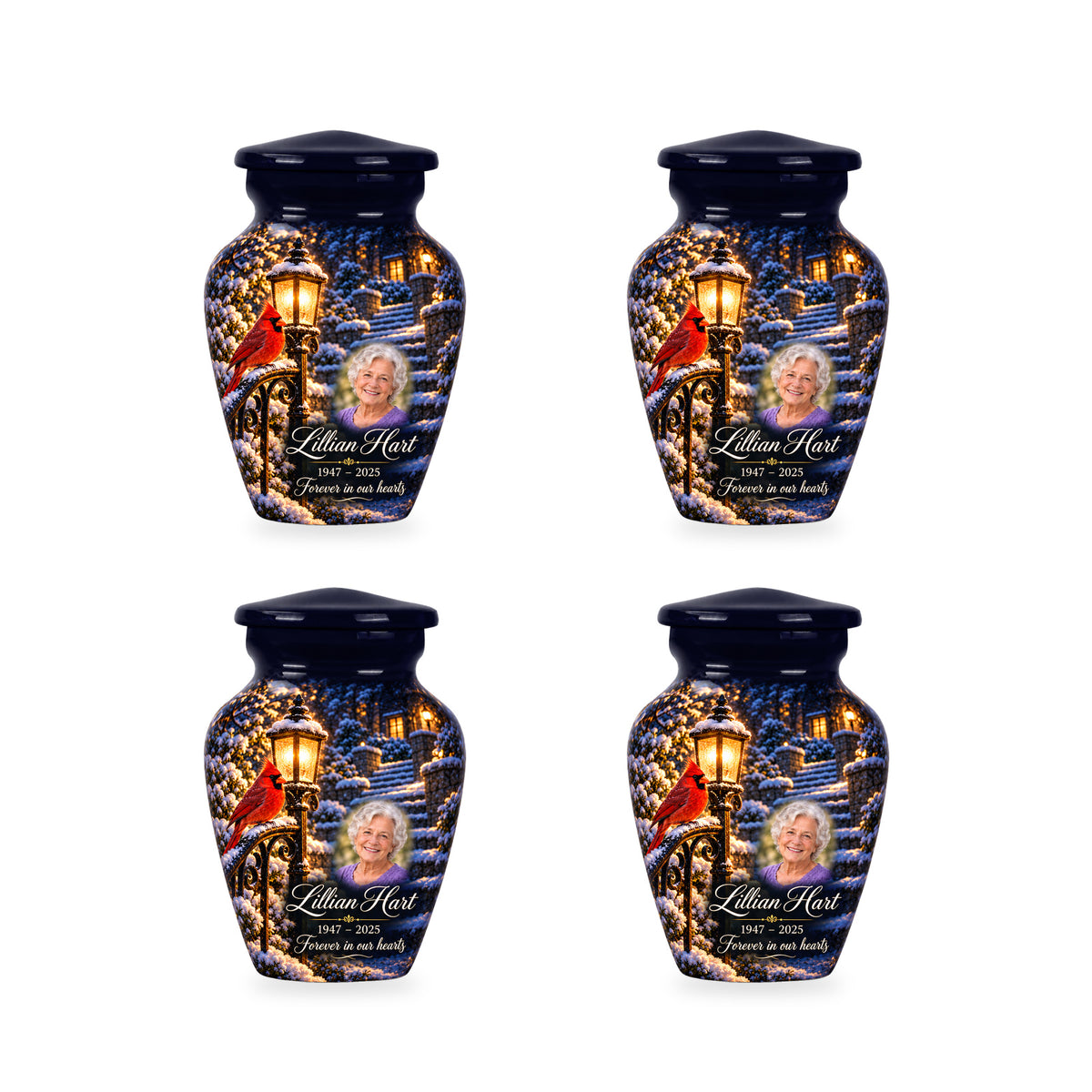 Four matching ringless Lantern Snow Courtyard cardinal keepsake urns with fictional sample personalization.