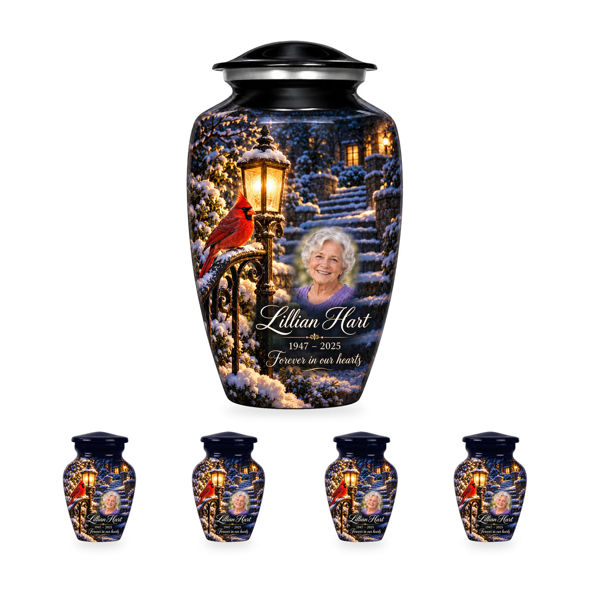 Lantern Snow Courtyard adult cardinal urn with four matching ringless keepsakes; the selected package includes five urns.