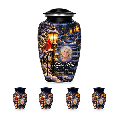 Lantern Snow Courtyard adult cardinal urn with four matching ringless keepsakes; the selected package includes five urns.