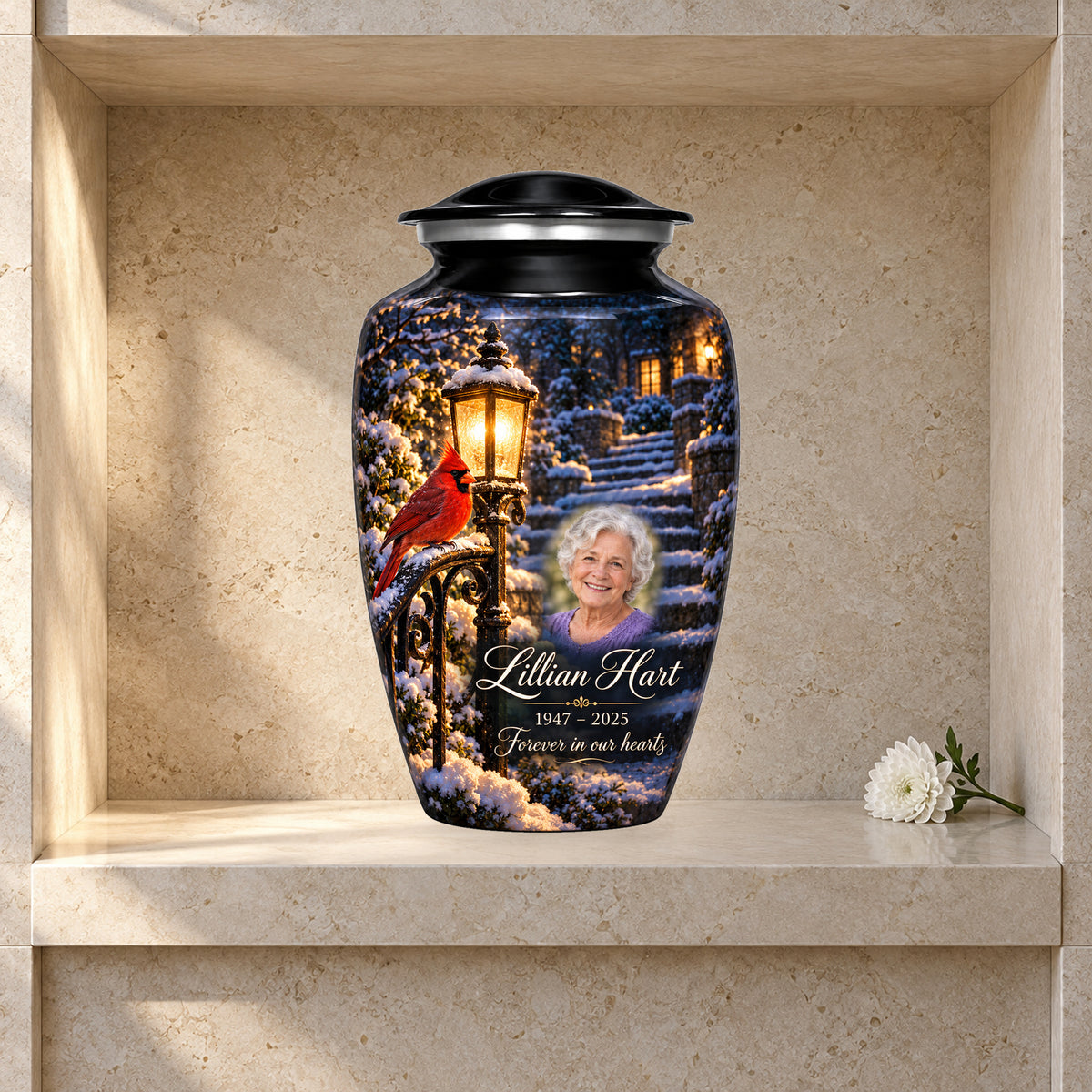 Lantern Snow Courtyard adult cardinal urn in a styled columbarium display; decorative props are not included.