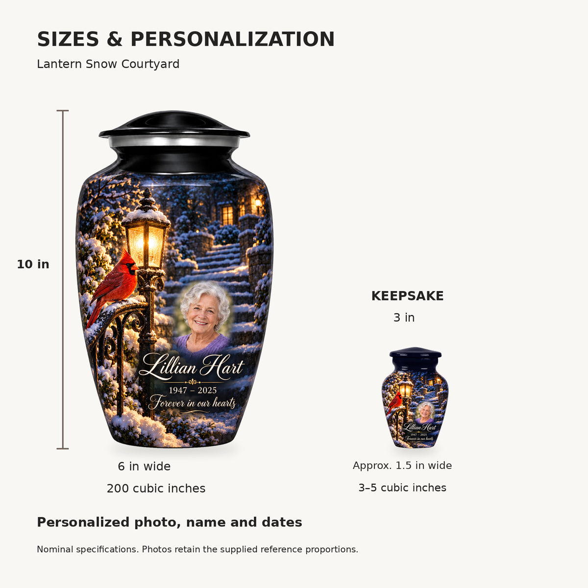 Nominal dimensions: adult 10 inches high, 6 inches widest, 200 cubic inches; keepsake 3 inches high, approximately 1.5 inches wide, 3–5 cubic inches.