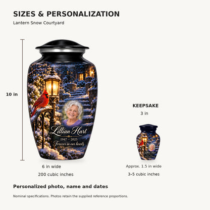 Nominal dimensions: adult 10 inches high, 6 inches widest, 200 cubic inches; keepsake 3 inches high, approximately 1.5 inches wide, 3–5 cubic inches.