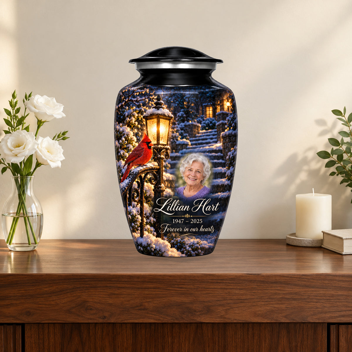 Lantern Snow Courtyard personalized cardinal urn in a styled memorial display; decorative props are not included.