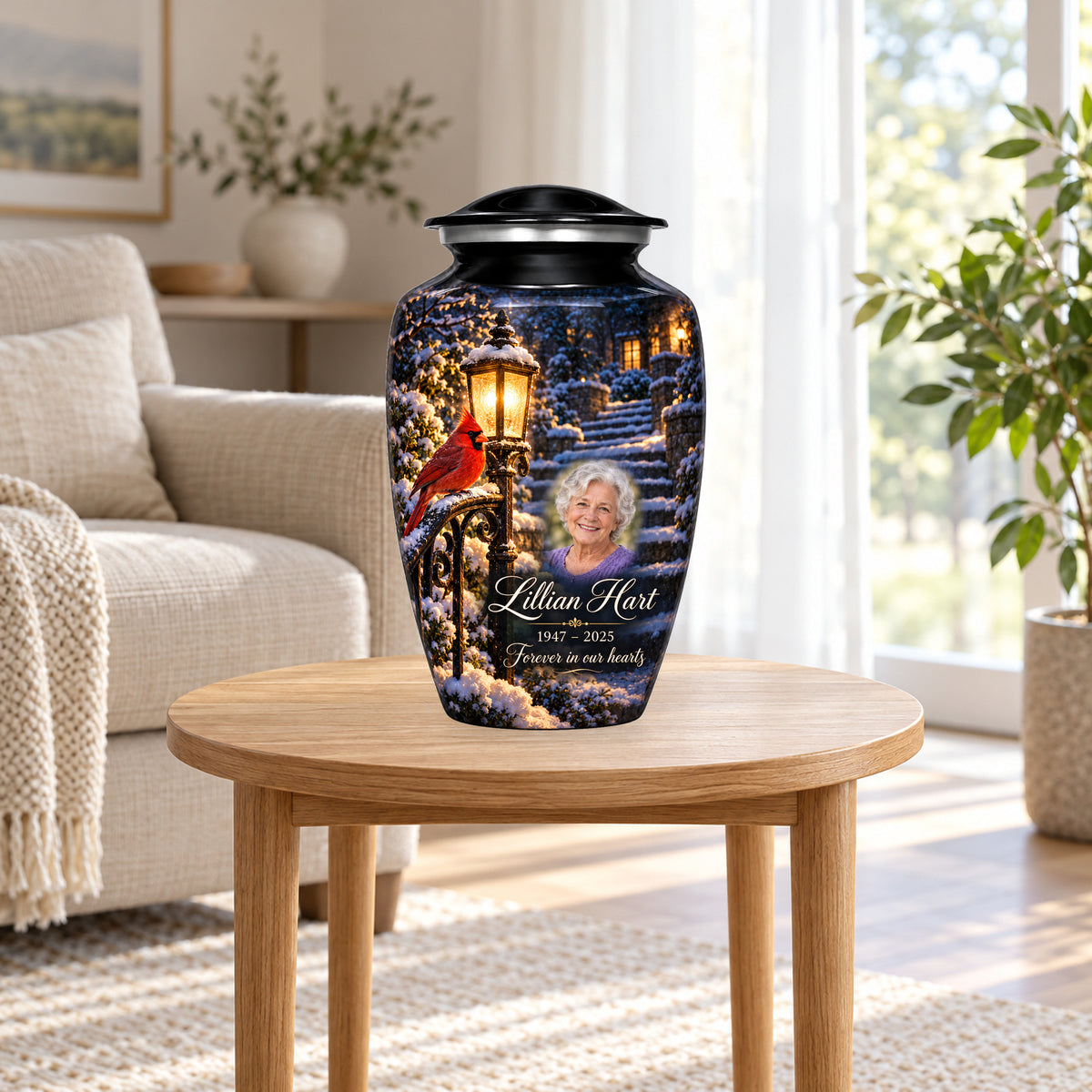 Lantern Snow Courtyard adult cardinal urn in a home display; furniture and decorative props are not included.