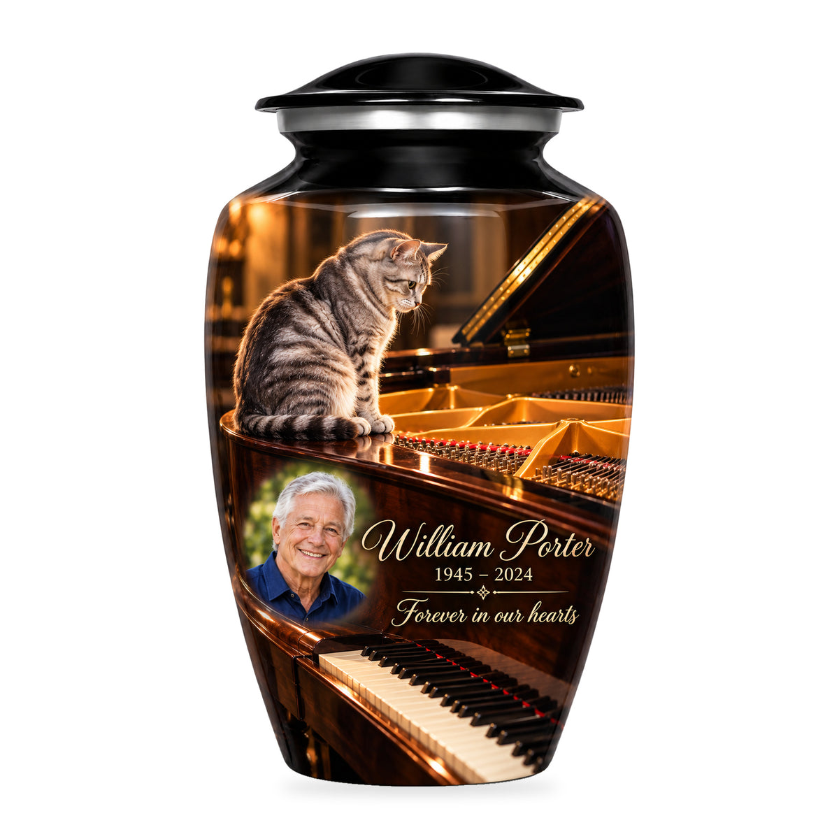 Black adult Grand Piano Pause cat urn with fictional sample portrait, name and years, shown on white.