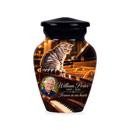 One ringless Grand Piano Pause cat keepsake urn with fictional sample portrait and text.