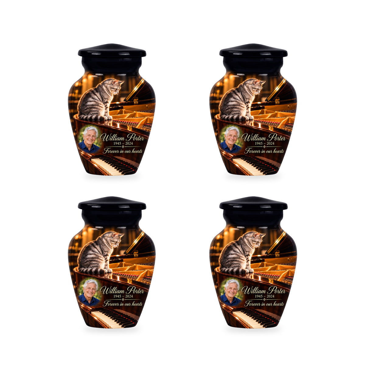 Four matching ringless Grand Piano Pause cat keepsake urns with fictional sample personalization.