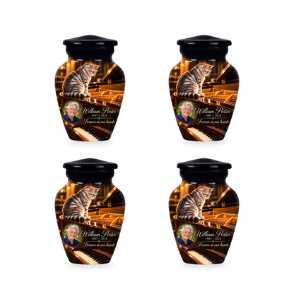 Four matching ringless Grand Piano Pause cat keepsake urns with fictional sample personalization.