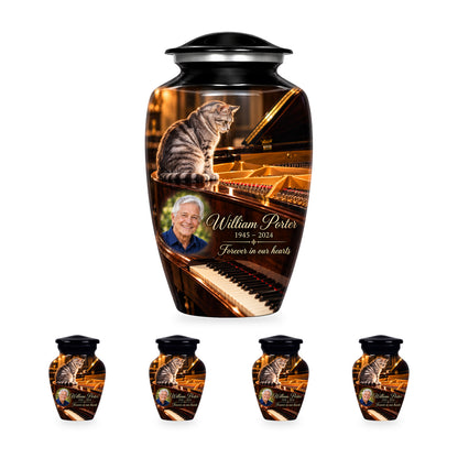 Grand Piano Pause adult cat urn with four matching ringless keepsakes; the selected package includes five urns.