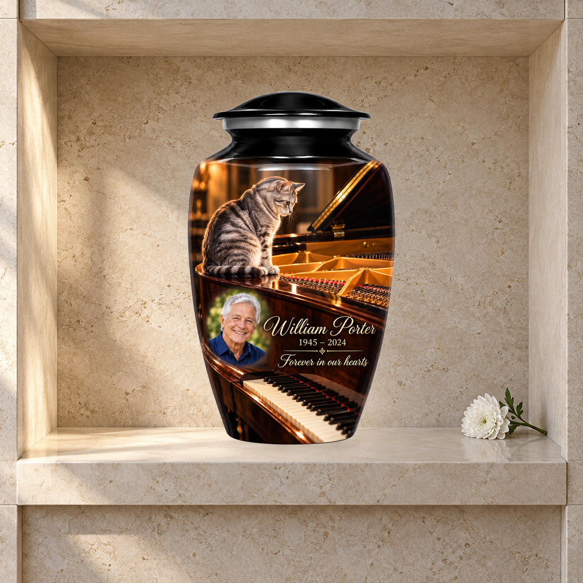Grand Piano Pause adult cat urn in a styled columbarium display; decorative props are not included.