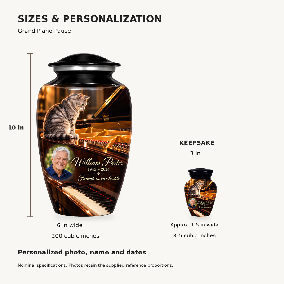 Nominal dimensions: adult 10 inches high, 6 inches widest, 200 cubic inches; keepsake 3 inches high, approximately 1.5 inches wide, 3–5 cubic inches.