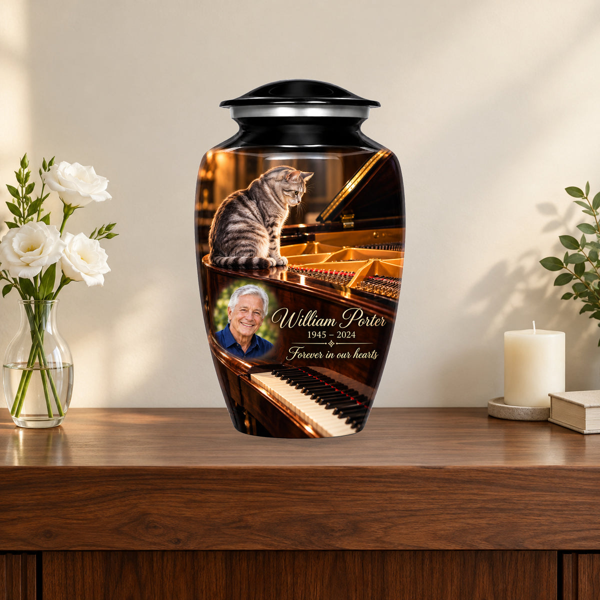 Grand Piano Pause personalized cat urn in a styled memorial display; decorative props are not included.