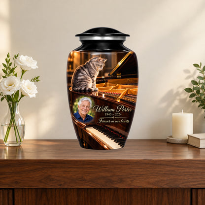 Grand Piano Pause personalized cat urn in a styled memorial display; decorative props are not included.