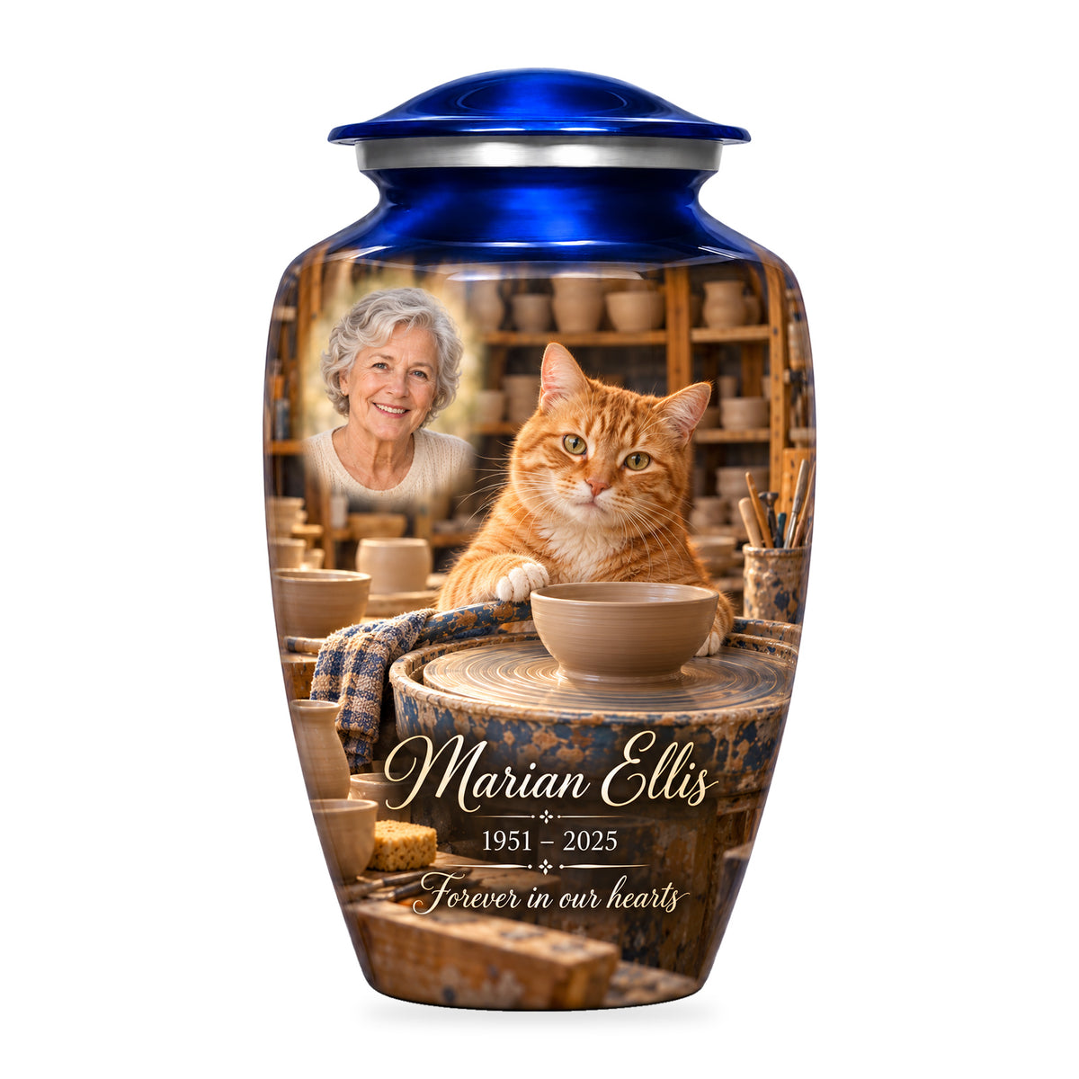 Blue adult Pottery Wheel Companion cat urn with fictional sample portrait, name and years, shown on white.
