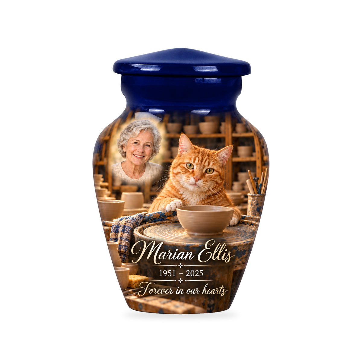 One ringless Pottery Wheel Companion cat keepsake urn with fictional sample portrait and text.