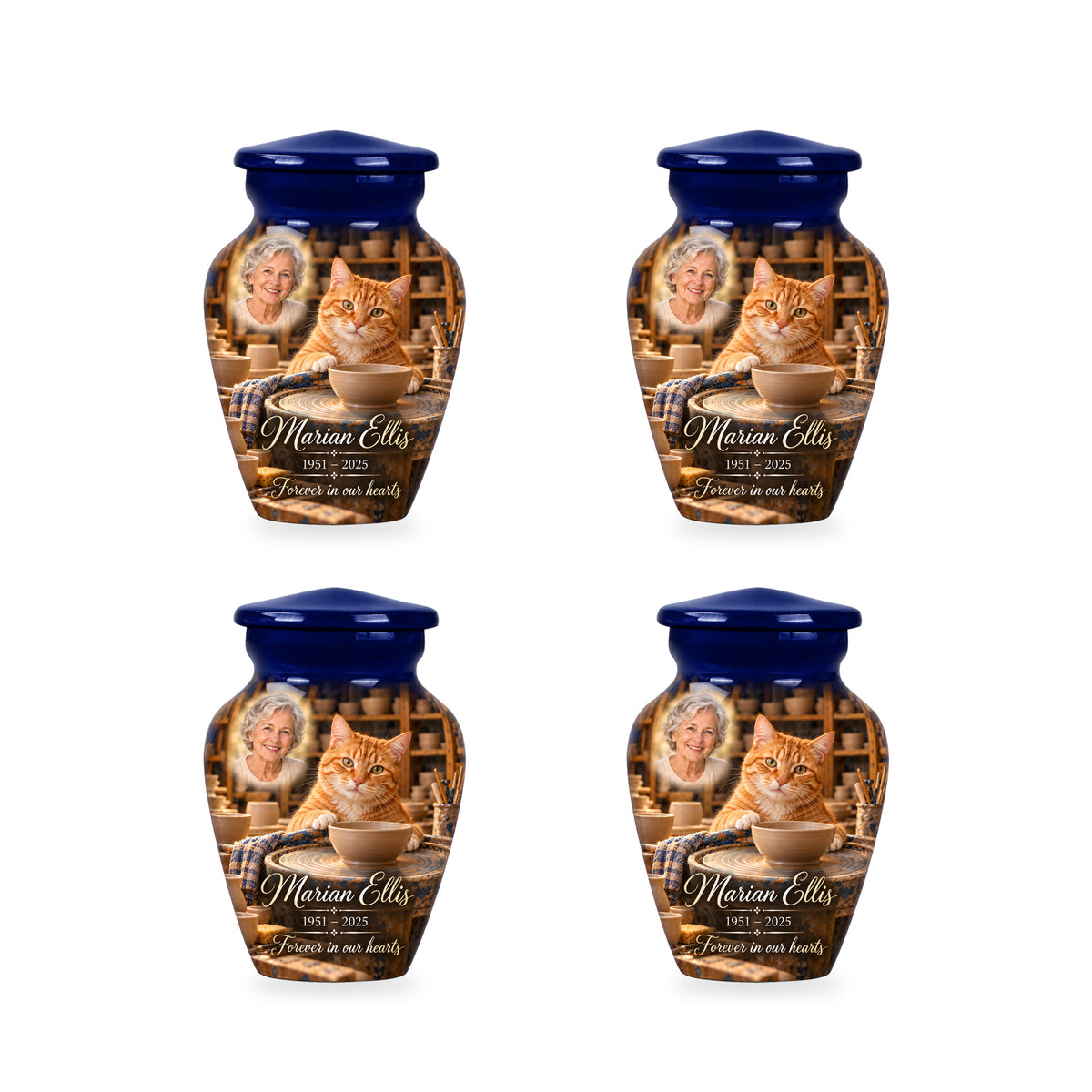 Four matching ringless Pottery Wheel Companion cat keepsake urns with fictional sample personalization.