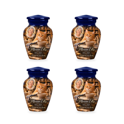 Four matching ringless Pottery Wheel Companion cat keepsake urns with fictional sample personalization.