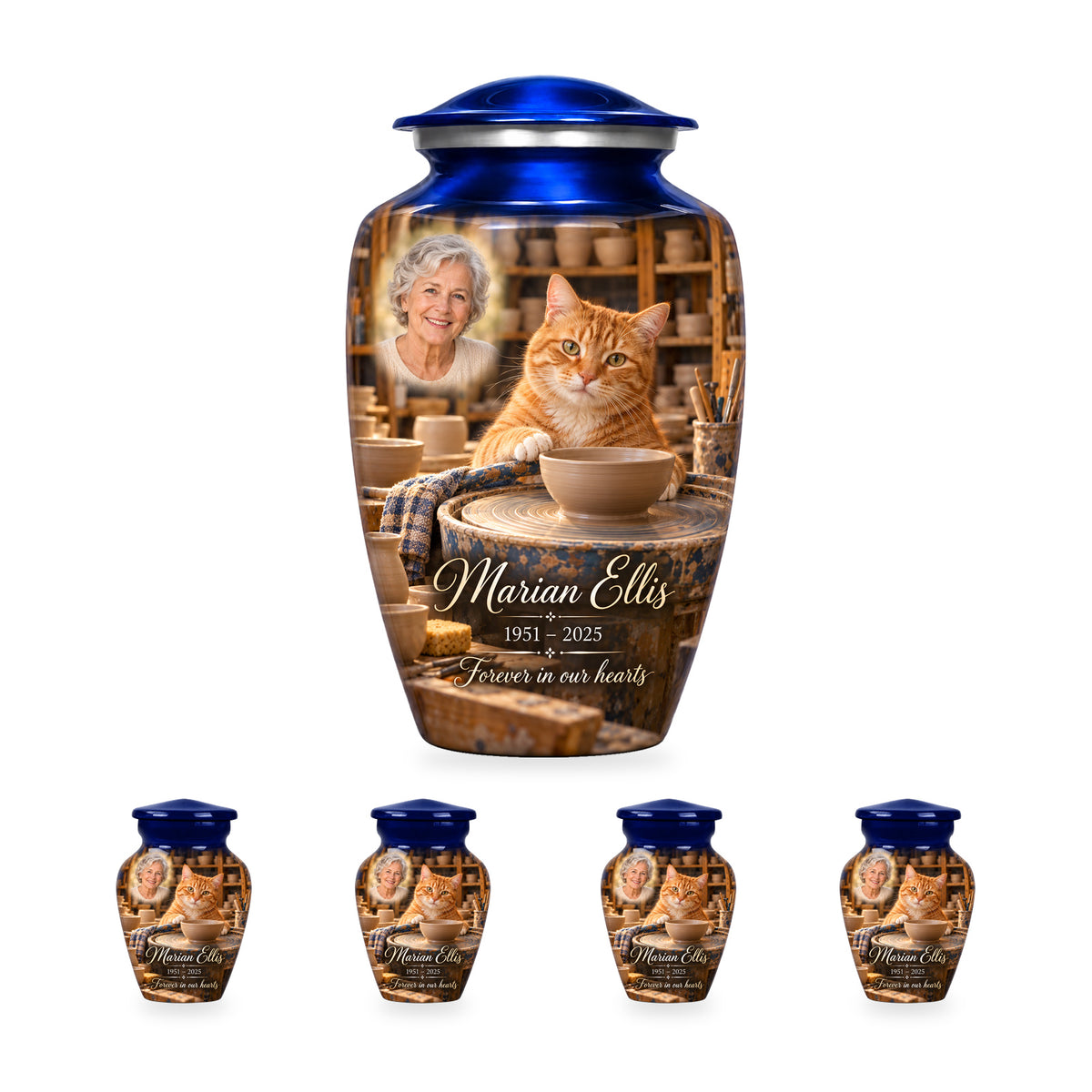 Pottery Wheel Companion adult cat urn with four matching ringless keepsakes; the selected package includes five urns.