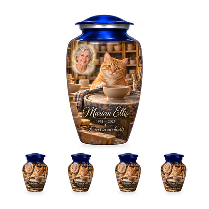 Pottery Wheel Companion adult cat urn with four matching ringless keepsakes; the selected package includes five urns.