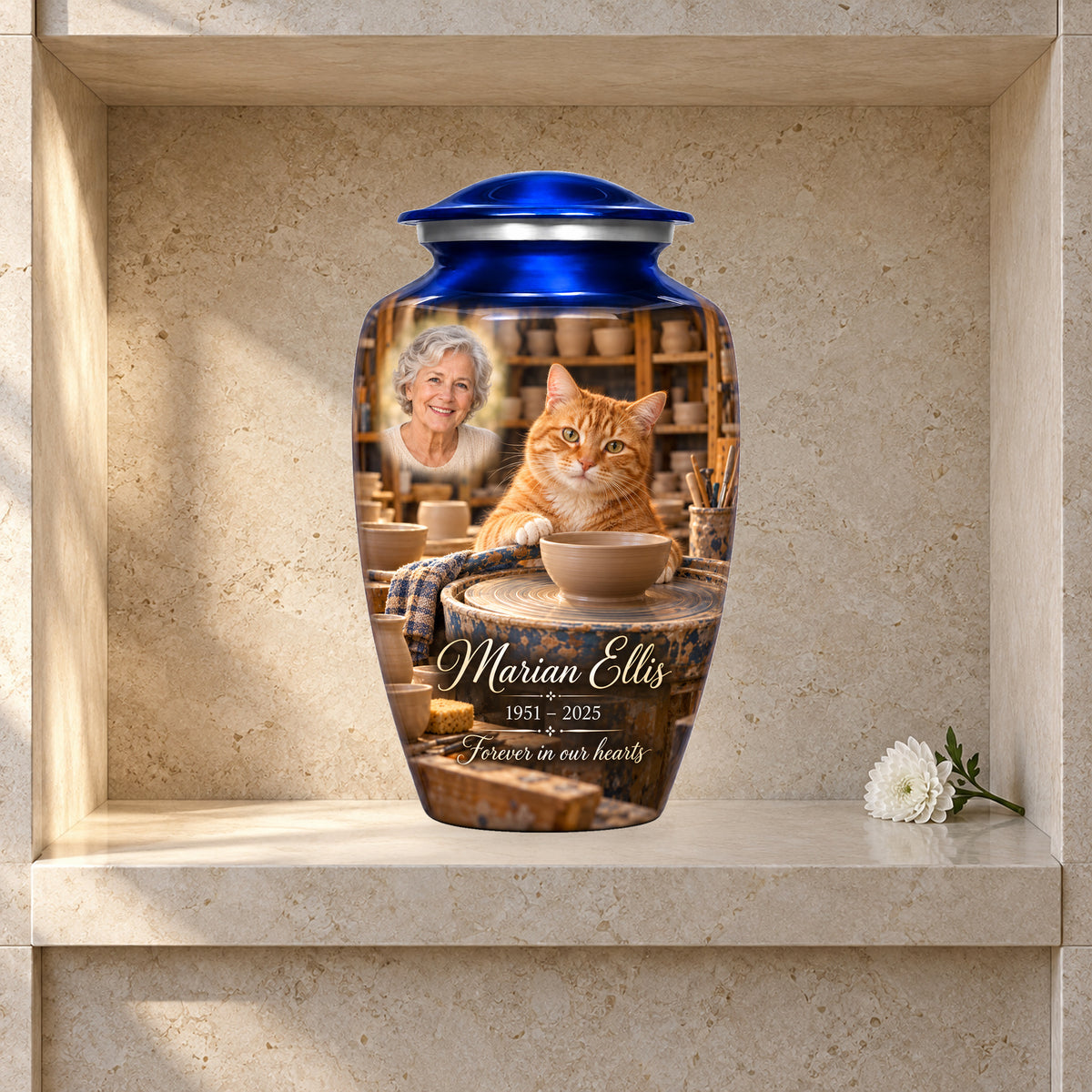 Pottery Wheel Companion adult cat urn in a styled columbarium display; decorative props are not included.