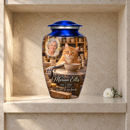 Pottery Wheel Companion adult cat urn in a styled columbarium display; decorative props are not included.
