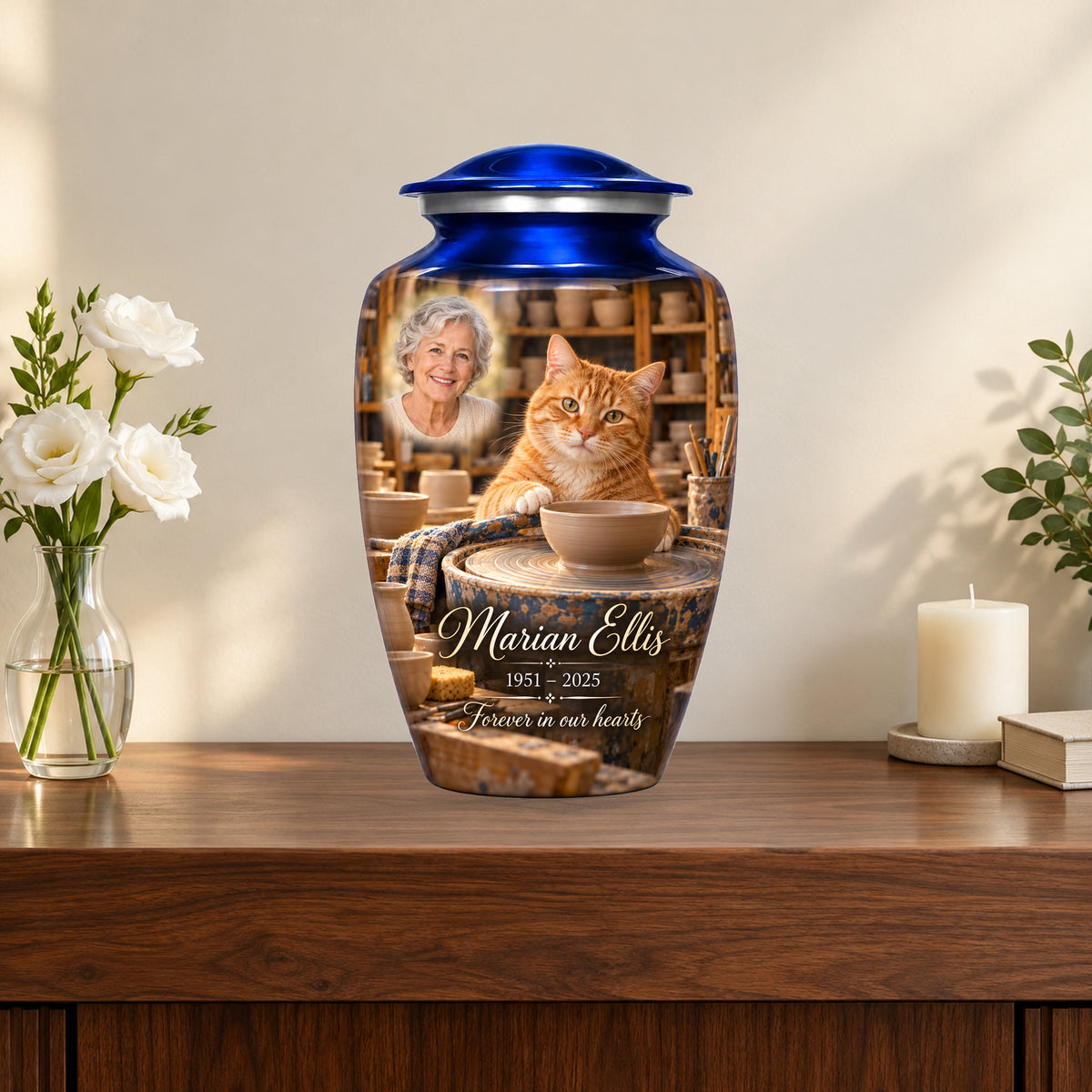 Pottery Wheel Companion personalized cat urn in a styled memorial display; decorative props are not included.