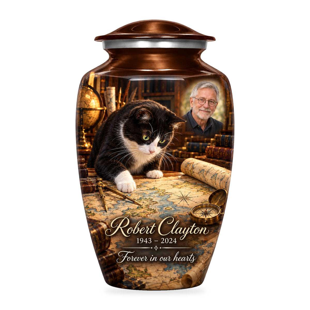 Brown adult Mapmaker Table cat urn with fictional sample portrait, name and years, shown on white.
