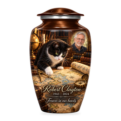 Brown adult Mapmaker Table cat urn with fictional sample portrait, name and years, shown on white.