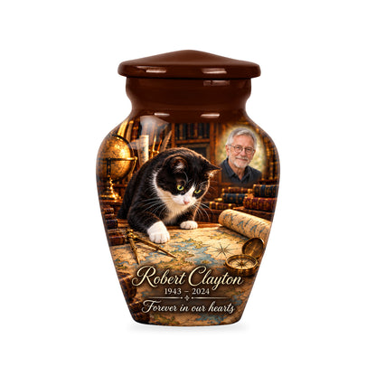 One ringless Mapmaker Table cat keepsake urn with fictional sample portrait and text.