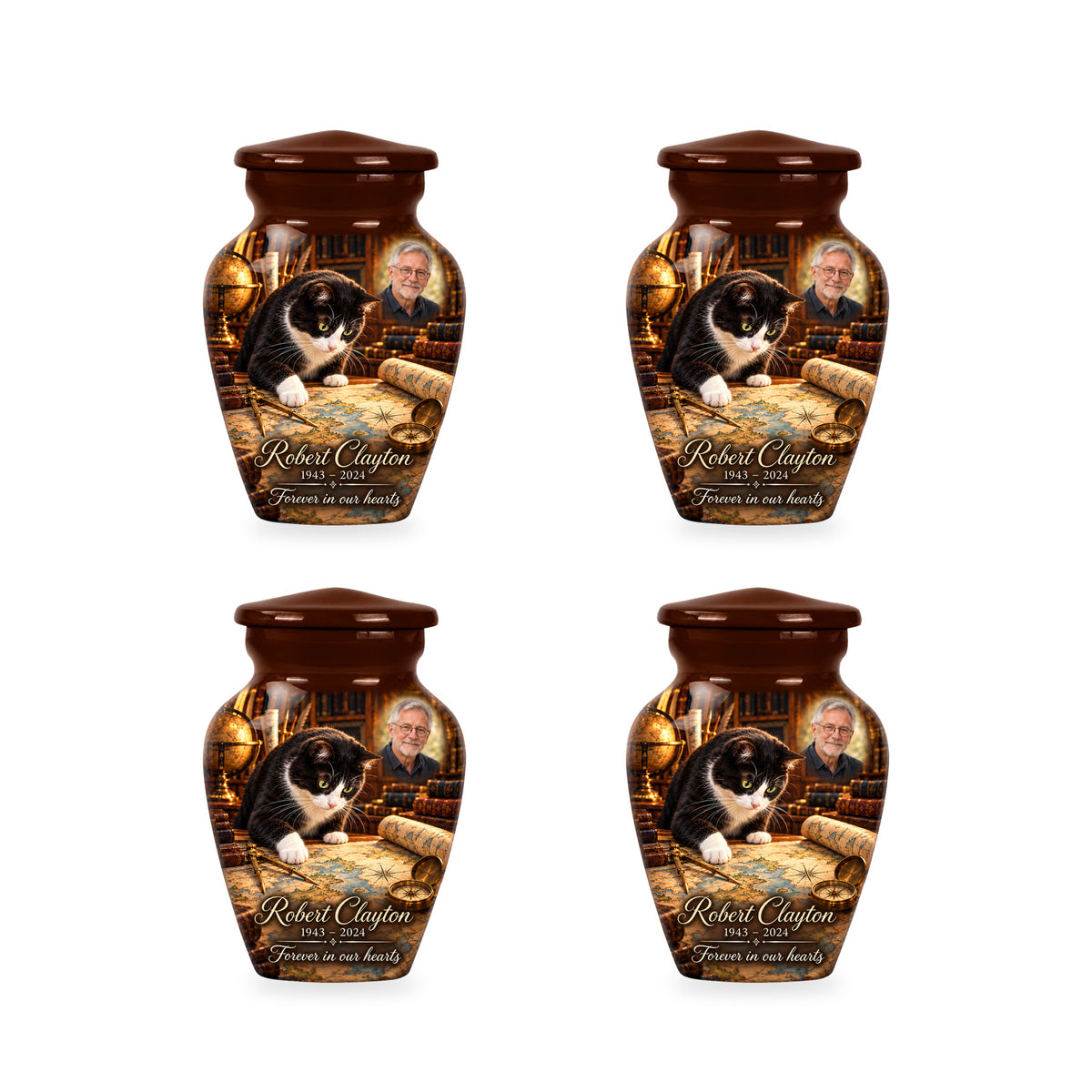 Four matching ringless Mapmaker Table cat keepsake urns with fictional sample personalization.