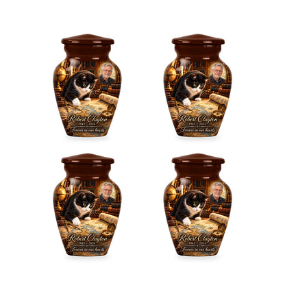 Four matching ringless Mapmaker Table cat keepsake urns with fictional sample personalization.