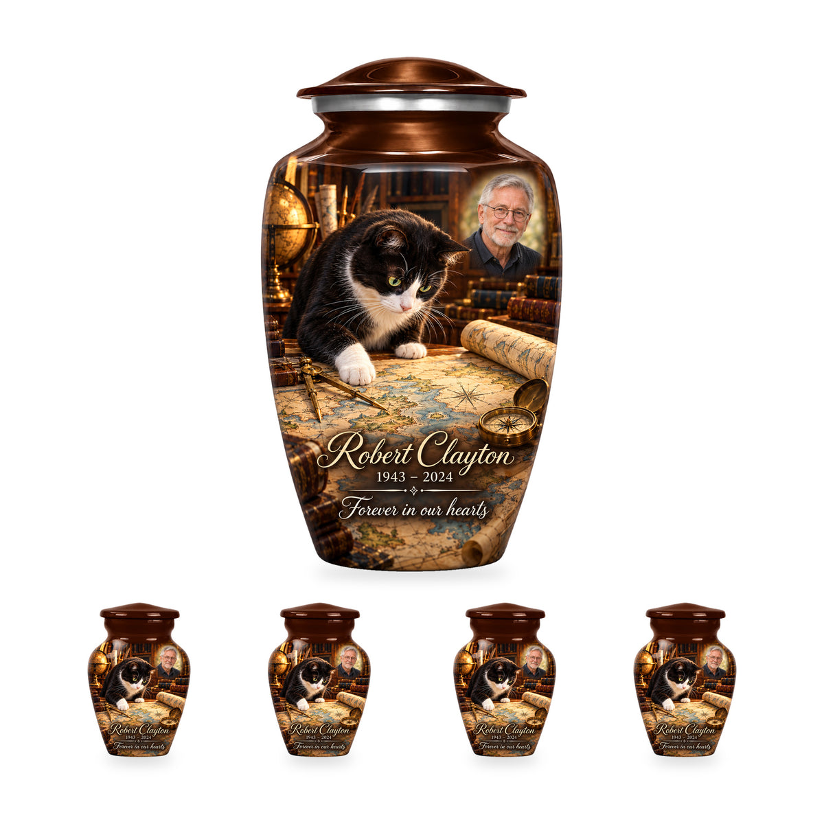 Mapmaker Table adult cat urn with four matching ringless keepsakes; the selected package includes five urns.