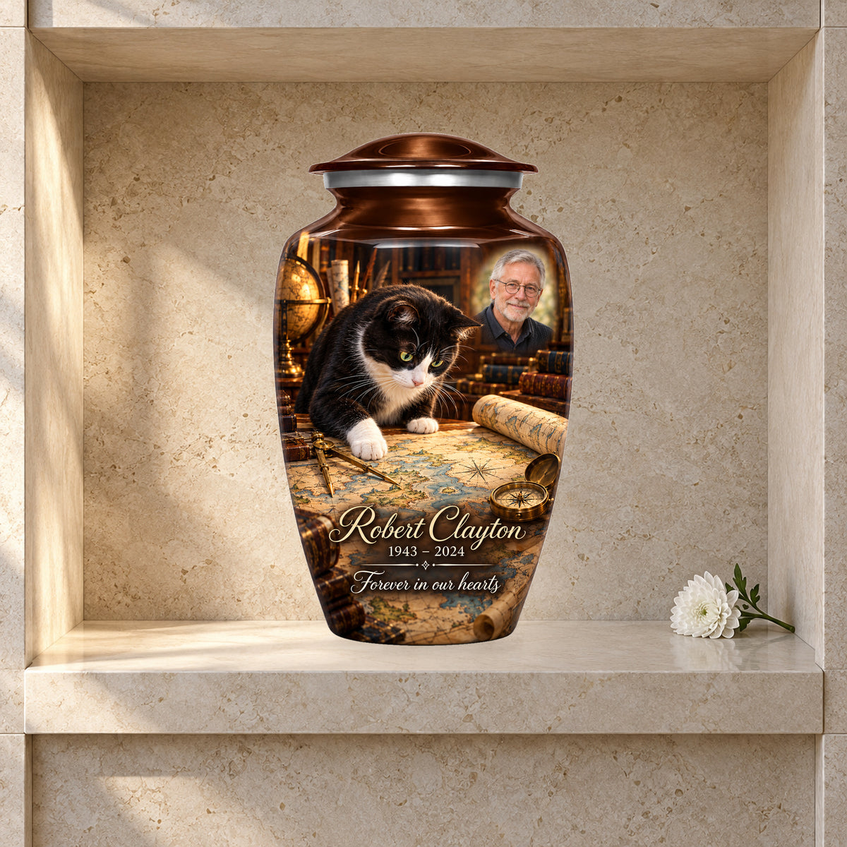 Mapmaker Table adult cat urn in a styled columbarium display; decorative props are not included.