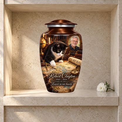 Mapmaker Table adult cat urn in a styled columbarium display; decorative props are not included.