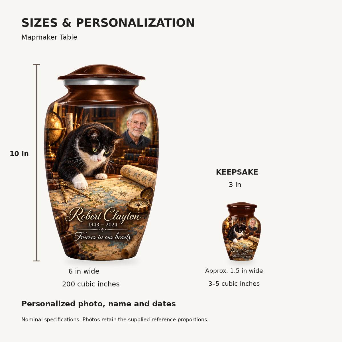 Nominal dimensions: adult 10 inches high, 6 inches widest, 200 cubic inches; keepsake 3 inches high, approximately 1.5 inches wide, 3–5 cubic inches.