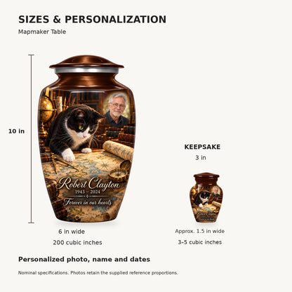 Nominal dimensions: adult 10 inches high, 6 inches widest, 200 cubic inches; keepsake 3 inches high, approximately 1.5 inches wide, 3–5 cubic inches.