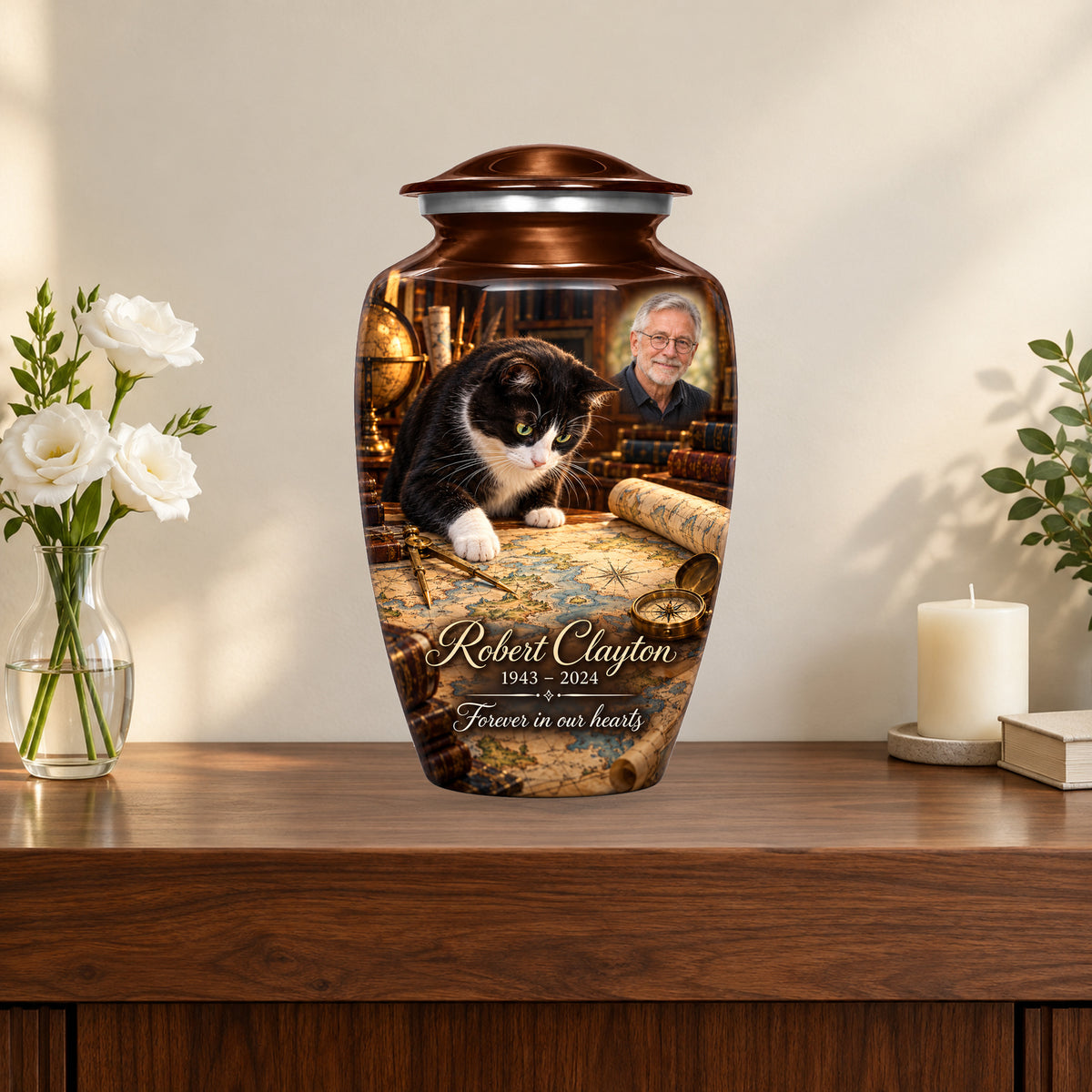 Mapmaker Table personalized cat urn in a styled memorial display; decorative props are not included.