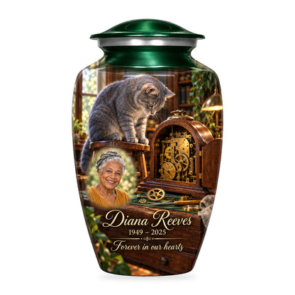 Green adult Clockmaker Bench cat urn with fictional sample portrait, name and years, shown on white.