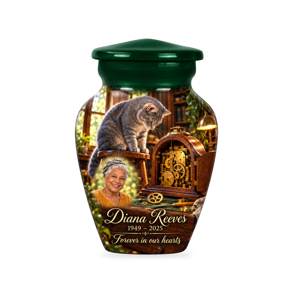 One ringless Clockmaker Bench cat keepsake urn with fictional sample portrait and text.