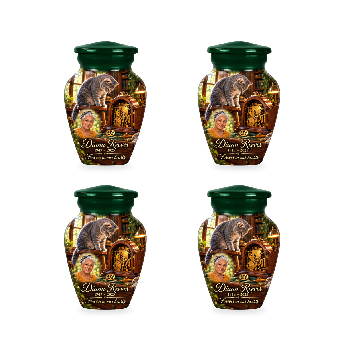 Four matching ringless Clockmaker Bench cat keepsake urns with fictional sample personalization.
