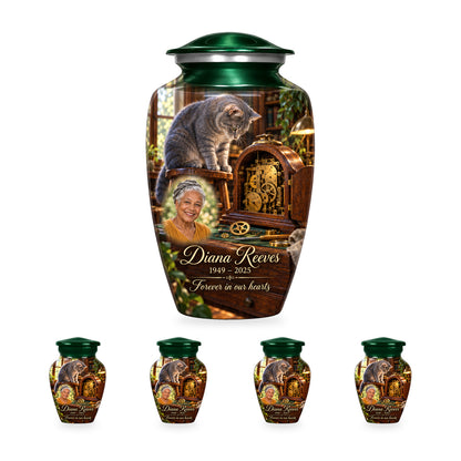 Clockmaker Bench adult cat urn with four matching ringless keepsakes; the selected package includes five urns.