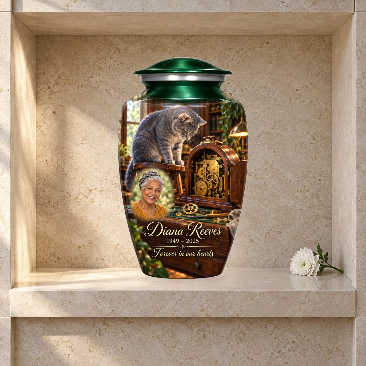 Clockmaker Bench adult cat urn in a styled columbarium display; decorative props are not included.