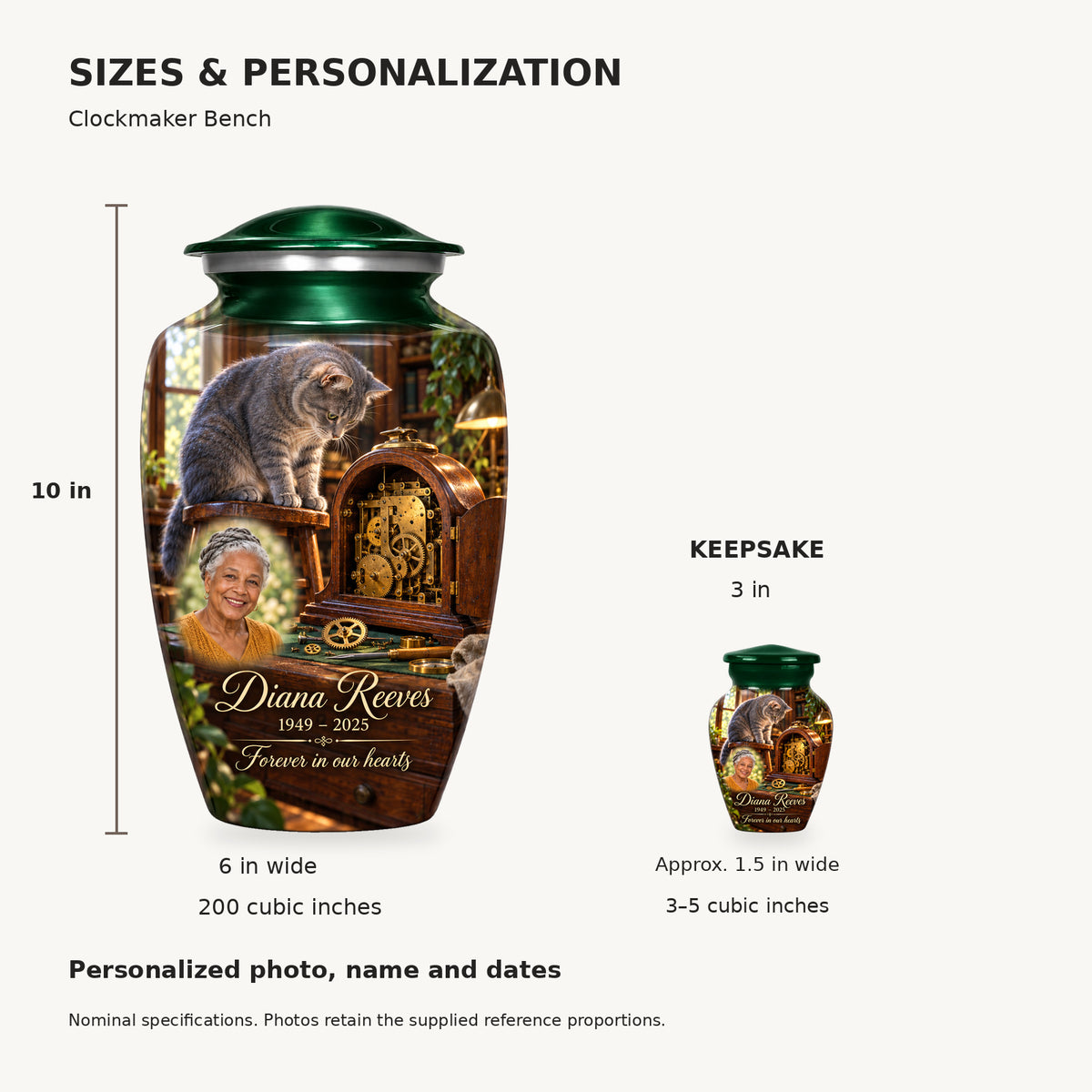 Nominal dimensions: adult 10 inches high, 6 inches widest, 200 cubic inches; keepsake 3 inches high, approximately 1.5 inches wide, 3–5 cubic inches.